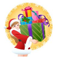 Beautiful woman wearing Santa costume holding gifts