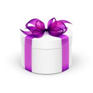 White Round Gift Box with Purple Ribbon and Bow Isolated N2