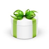 White Round Gift Box with Green Ribbon and Bow Isolated N2