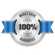 Silver money back badge with blue ribbon