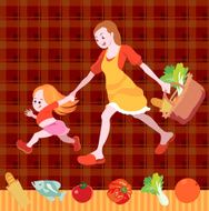 mother and daughter shopping for groceries on seamless background N2