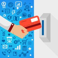 Bright vector illustration male hand holds bank card near atm N2