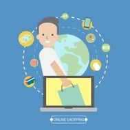 Info graphics Boy Online shopping with Laptop - vector