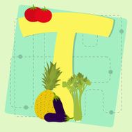 Letter &quot;t&quot; from stylized alphabet with fruits and vegetables