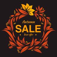Hand drawing autumn floral label at dark backrop