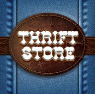Thift store denim and jeans with leather badge background