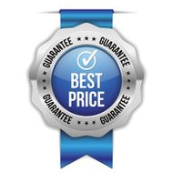 Blue best price badge with metallic border and ribbon