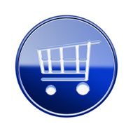 shopping cart icon glossy blue isolated on white background