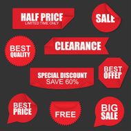 Set of red paper sale stickers on black background