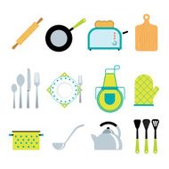 Kitchen tools accessories flat icons set