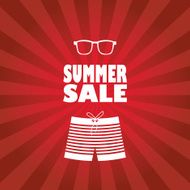 Summer sale poster with man shorts and sunglasses Red rays N2