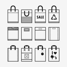 Linear paper and plastic shopping bags icon set