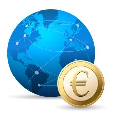 Globe and Euro coin on white background