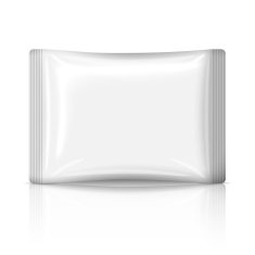 Blank flat plastic sachet isolated on white background with reflection