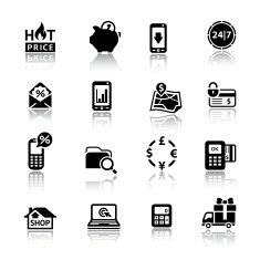 Shopping Icons black with reflection
