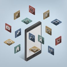 Isometric smartphone with Web Icons emerging and floating around