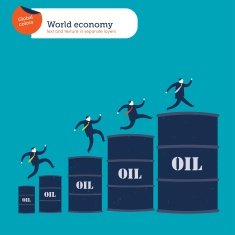 Businessmen climbing up an oil barrel's chart