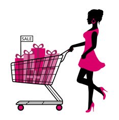 woman wheels a cart with gifts and shopping