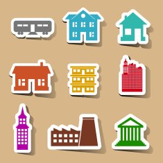 Building icons set on color stickers