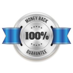 Silver money back badge with blue ribbon