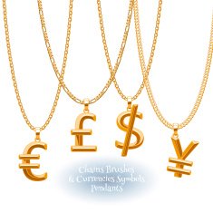 Set of golden chains with currencies pendants
