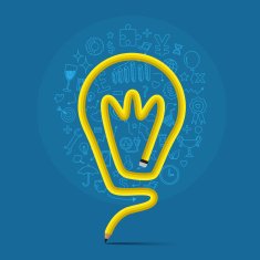 pencil bends shape to light bulb form with icons