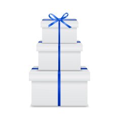 Stack of white gift boxes with blue ribbon and bow
