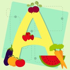 Letter "a" from stylized alphabet with fruits and vegetables