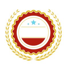 Red and gold seal design element with blue stars