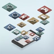 Isometric smartphone with Web Icons emerging and floating around N2