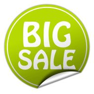 Big sale round green sticker on white background