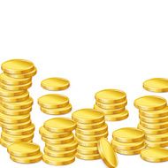 Stacks of gold coins on white background