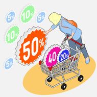 Isometric Grocery Shopping - Sale Woman Collecting Discounts w