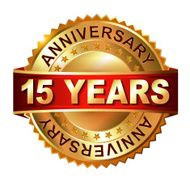 15 years anniversary golden label with ribbon