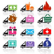 Delivery truck flat icons set