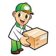Green Delivery Man mascot moving a box Product and Distribution