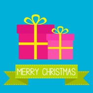 Two gift boxes with ribbons and bows Merry Christmas card