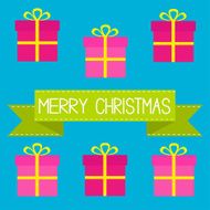 Six gift boxes with ribbons and bows Merry Christmas card