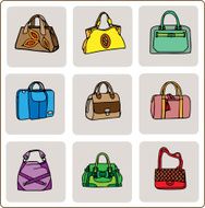Doodle female office and shopping handbags icons set N2