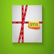 Gift box with red sale tape on green background