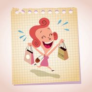 happy woman shopping note paper cartoon illustration