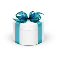 White Round Gift Box with Blue Ribbon and Bow Isolated N3
