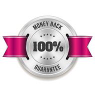 Silver money back badge with purple ribbon