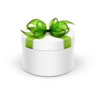 White Round Box with Light Green Ribbon and Bow Isolated