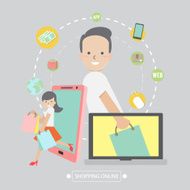 Shopping on-line with computer and smart phone - vector