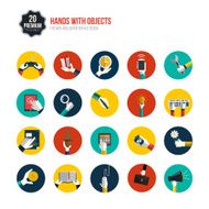 Hands with object icons set Flat Design