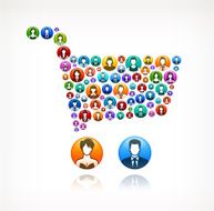 A shopping cart with colorful people buttons on white N2