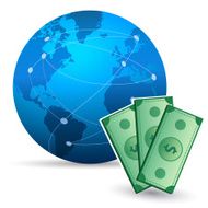 Globe and dollar bills on white background