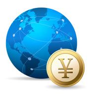 Globe and Yen coin on white background