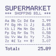 Supermarket shopping bill alphabet